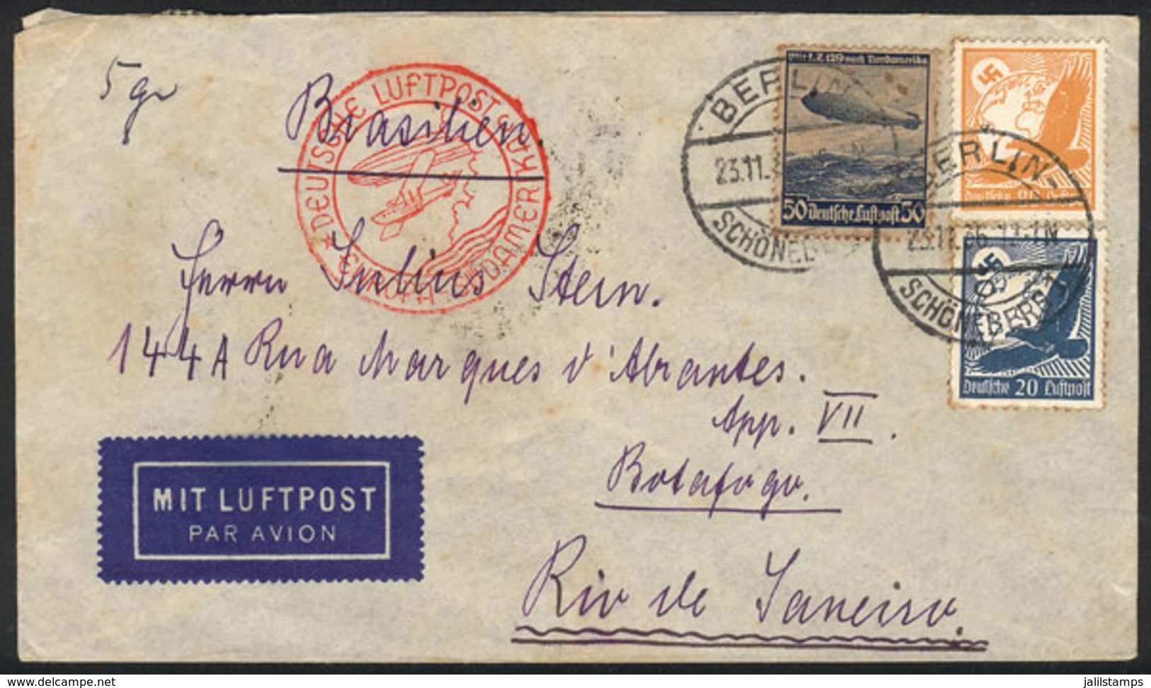 GERMANY: Airmail Cover Sent From Berlin To Rio De Janeiro On 23/NO/1936 Franked With 1.50Mk., Attractive! - Brieven En Documenten