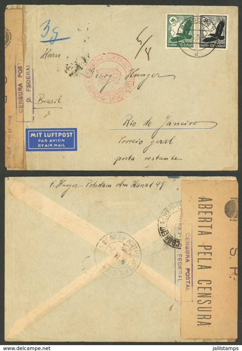 GERMANY: Airmail Cover Sent From Potsdam To Rio De Janeiro On 31/MAY/1938, An Arrival An Interesting Brazilian Censor La - Briefe U. Dokumente