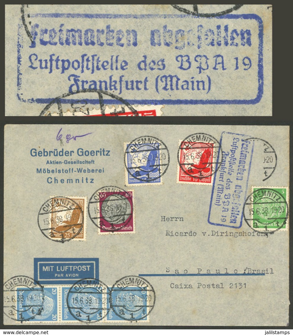 GERMANY: POSTAL ACCIDENT: Airmail Cover Sent From Chemnitz To Sao Paulo (Brazil) On 15/JUL/1938, The Original Franking F - Storia Postale