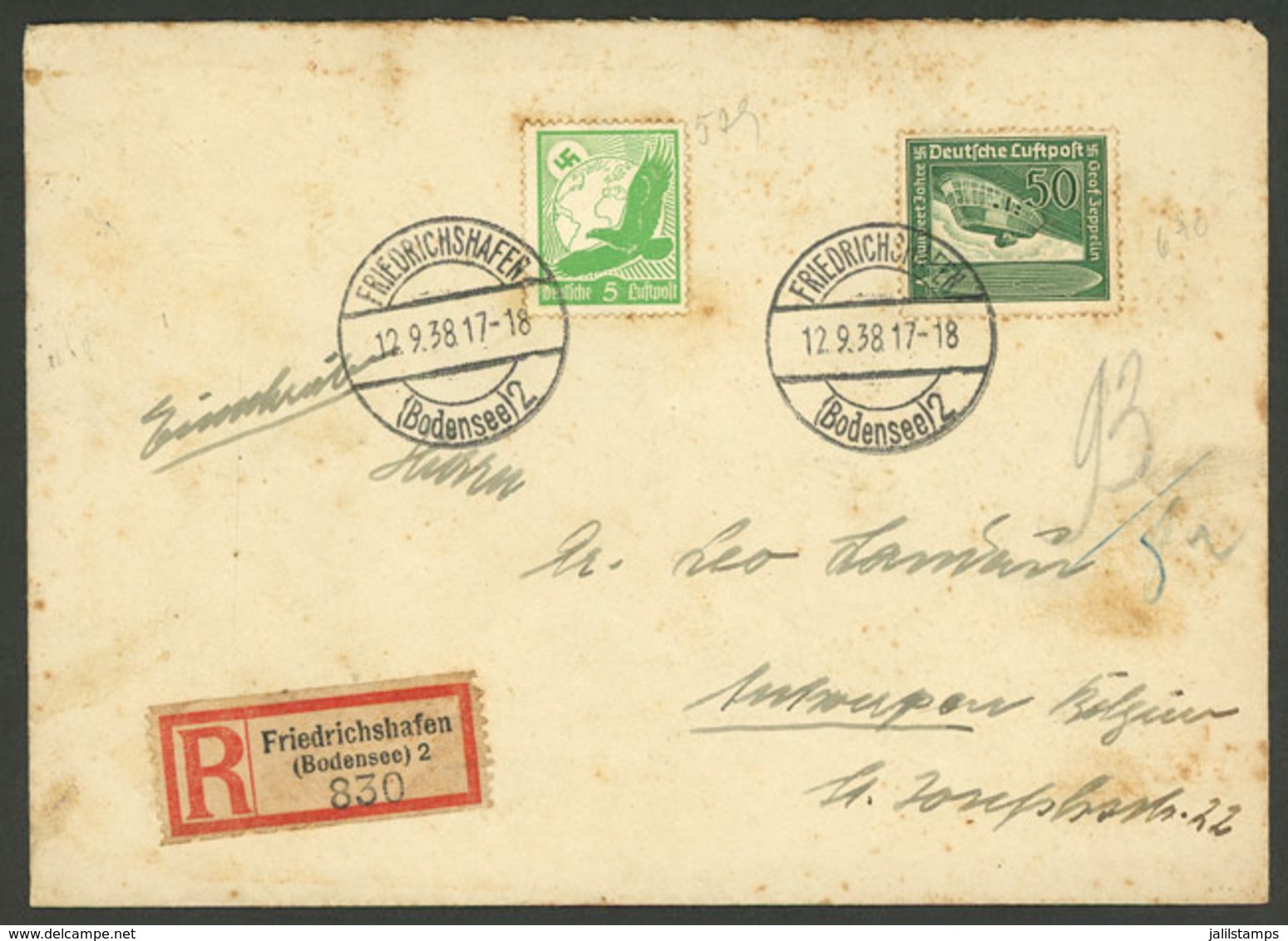 GERMANY: 12/SE/1938 Friedrichshafen - Belgium: Registered Cover, Interesting! - Briefe U. Dokumente