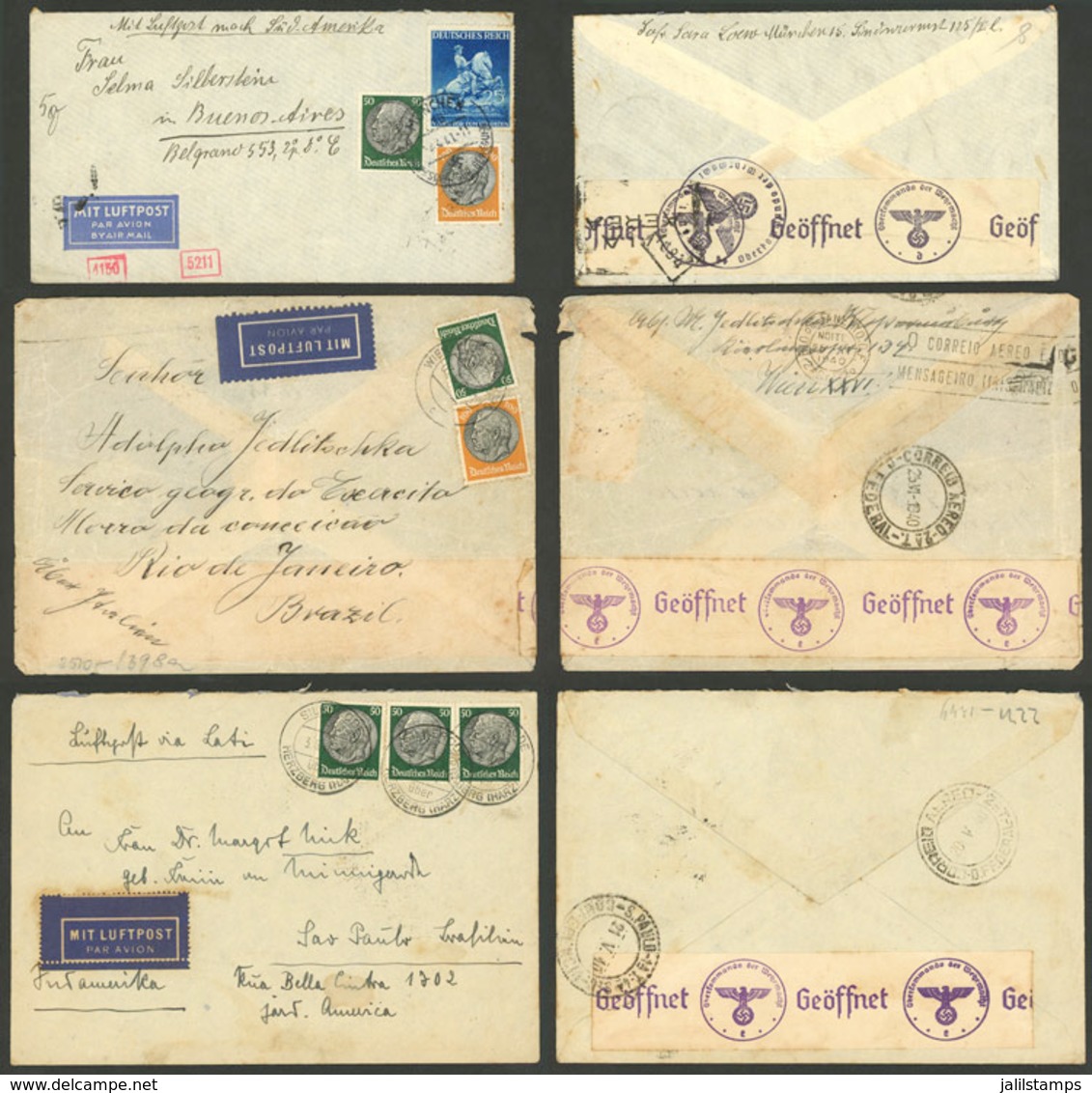 GERMANY: 3 Airmail Covers Sent To Brazil Between 1940 And 1941, All With Nazi Censor Labels, One With Small Defects, Int - Briefe U. Dokumente