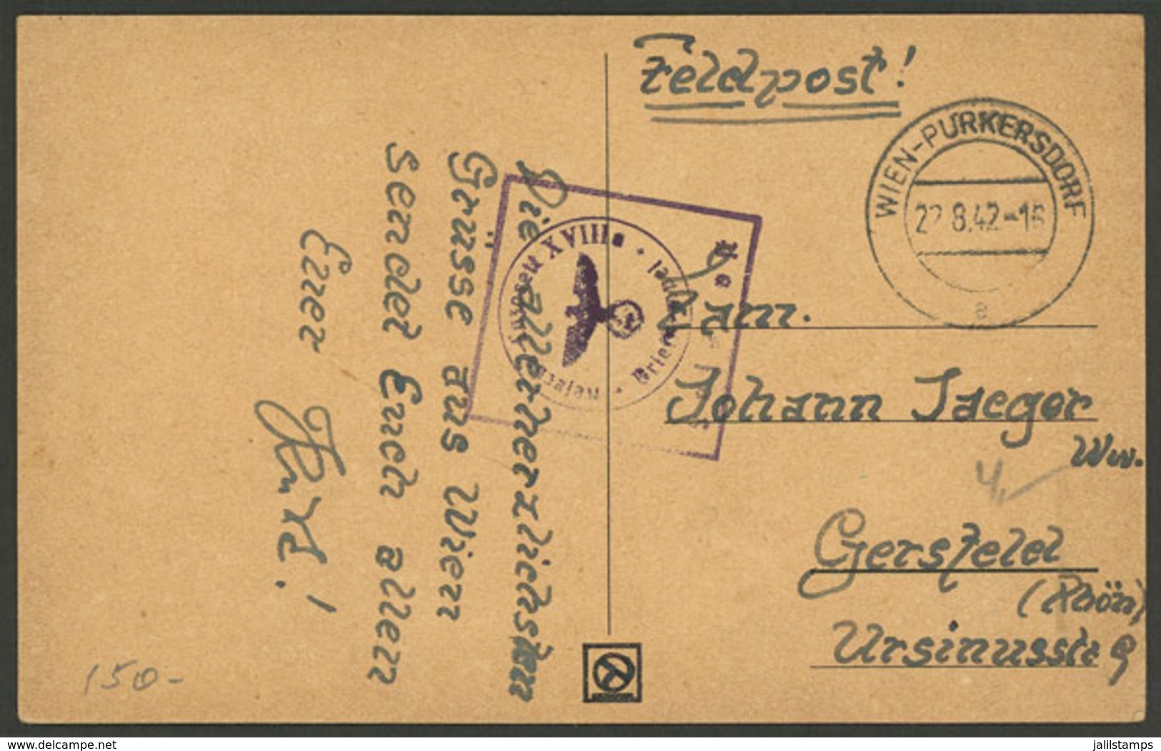 GERMANY: PC Sent By A Soldier With With Military Free Frank, From Wien To Gersfeld On 22/AU/1942, With Nazi Censor Mark, - Briefe U. Dokumente