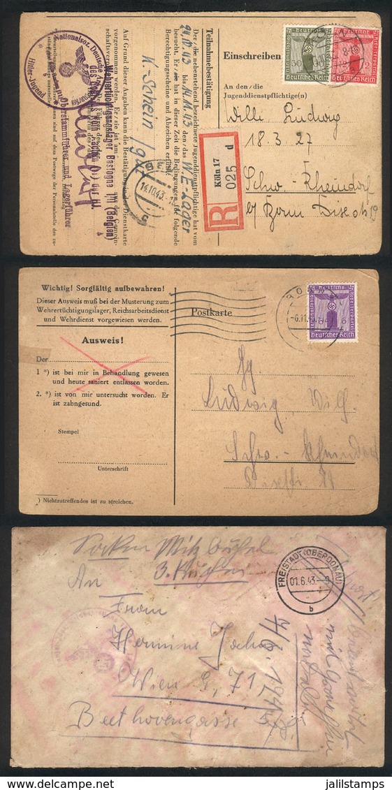 GERMANY: 2 Interesting Cards (one Registered) Related To Hitler Youth, Very Fine Quality. Also A Cover With Military Fra - Briefe U. Dokumente