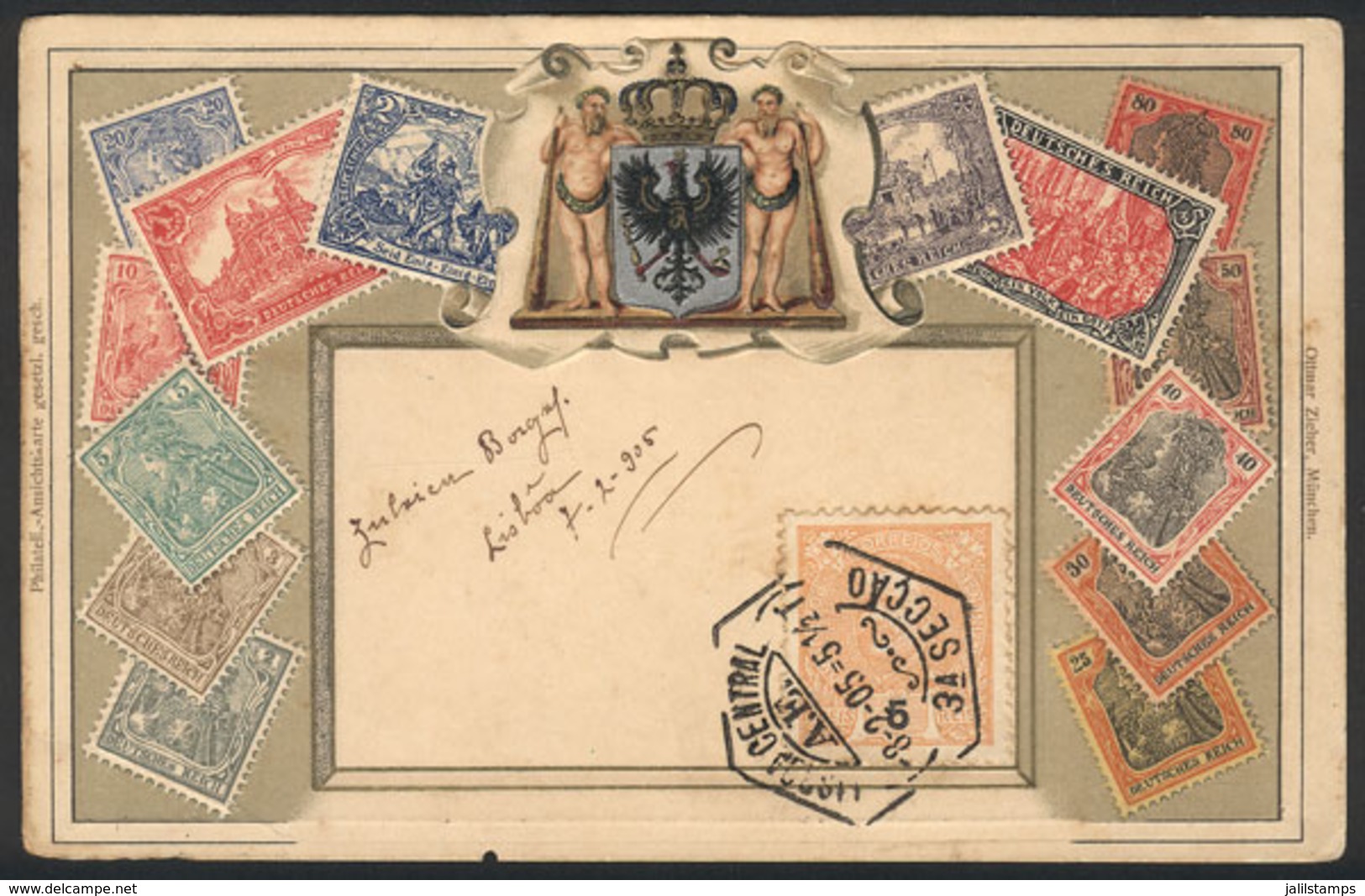 GERMANY: Beautiful PC Illustrated With Old Postage Stamps, Editor Ottmar Zieher (Germany), Used In Portugal In 1905, Fin - Altri & Non Classificati