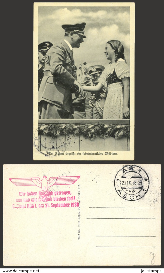 GERMANY: Hitler Greeting A Young Woman, With Nazi Mark On Back And Cancelled In Asch 21/SE/1938, VF Quality! - Sonstige & Ohne Zuordnung