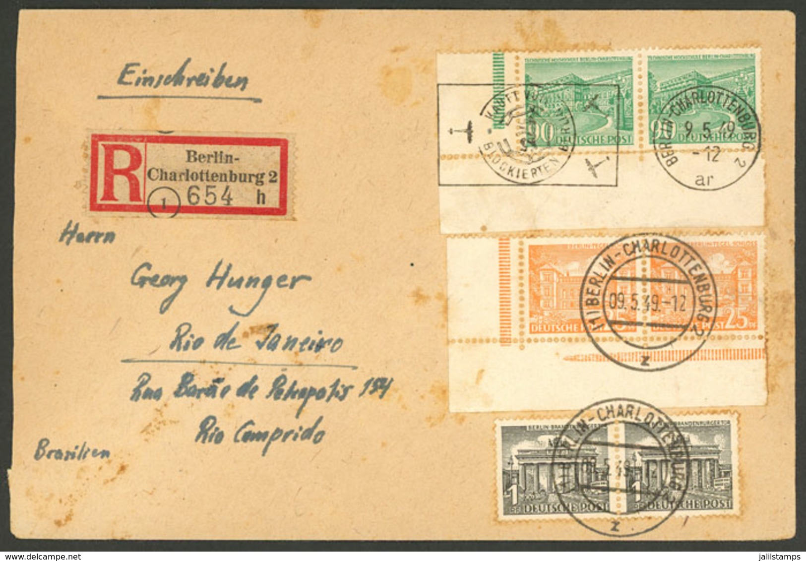GERMANY - BERLIN: Registered Cover Sent To Brazil On 9/MAY/1949 With Nice Postage, Some Light Staining, All The Same Att - Storia Postale