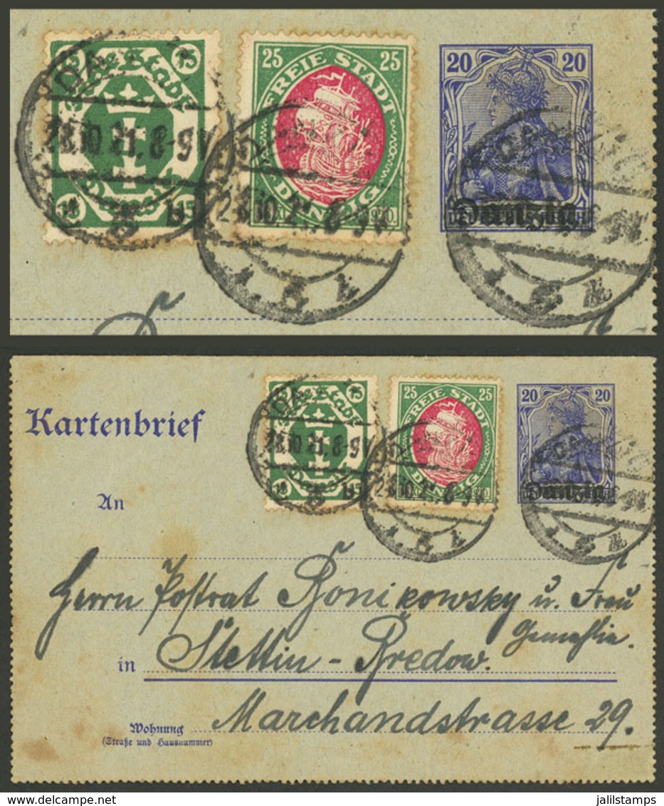 GERMANY - DANZIG: 20Pf. Lettercard Overprinted "Danzig" + Additional Postage, Sent To Stettin On 27/OC/1921, Interesting - Andere & Zonder Classificatie