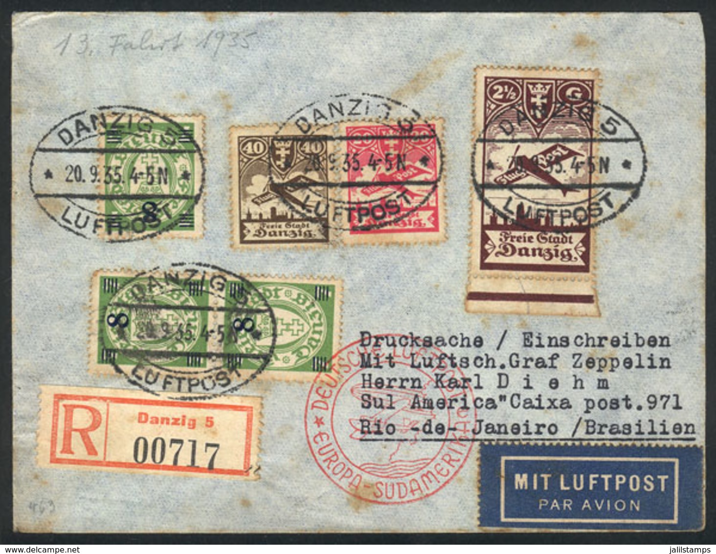 GERMANY - DANZIG: 20/SE/1935 Danzig - Rio De Janeiro: Registered Airmail Cover, With Transit Backstamp Of Berlin And Arr - Sonstige & Ohne Zuordnung