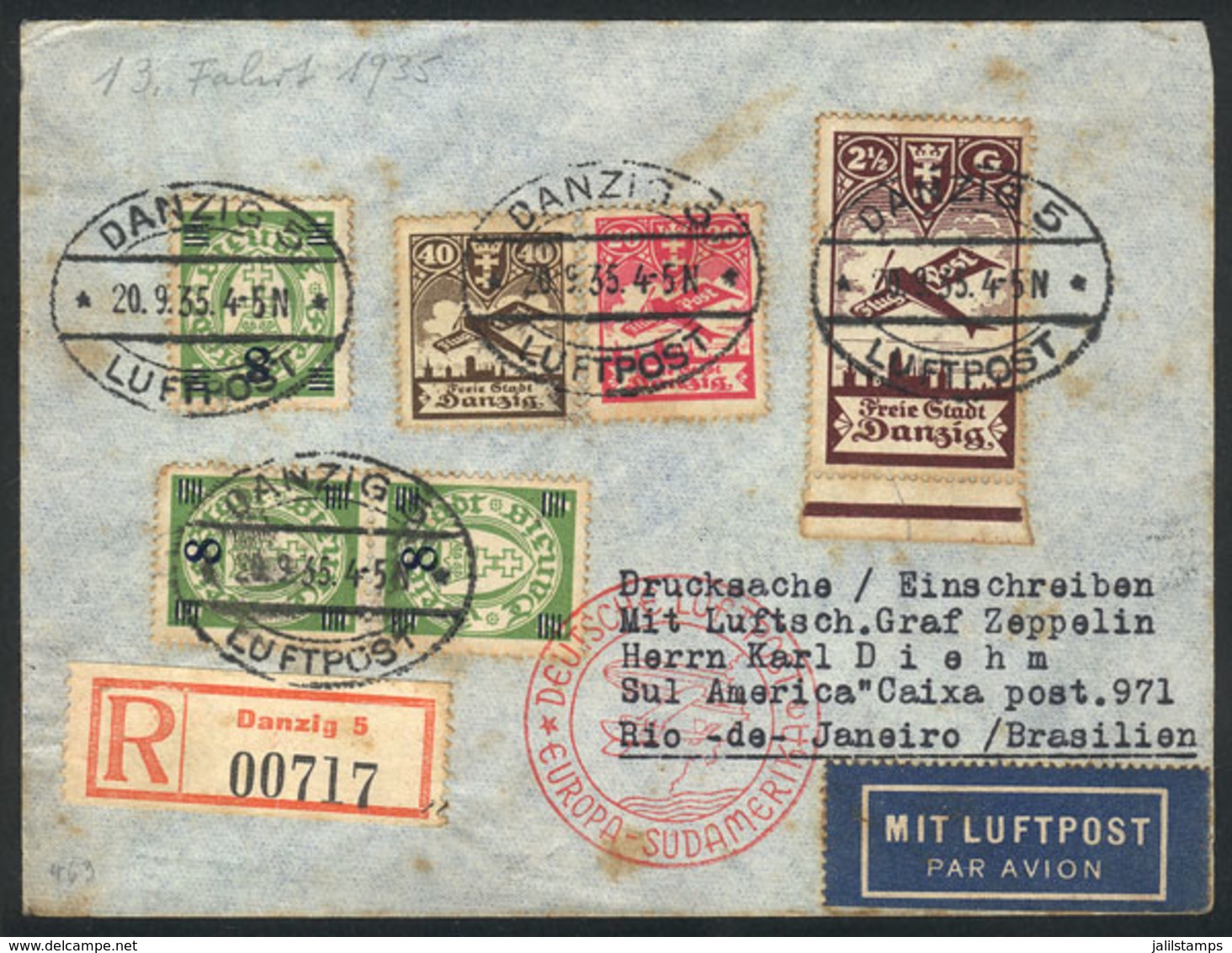 GERMANY - DANZIG: 20/SE/1935 Danzig - Rio De Janeiro: Registered Airmail Cover, With Transit Backstamp Of Berlin And Arr - Altri & Non Classificati