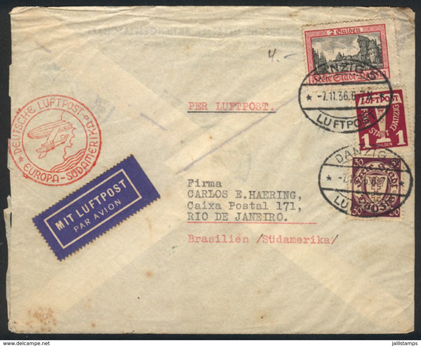 GERMANY - DANZIG: 7/NO/1936 Danzig - Rio De Janeiro: Airmail Cover With Handsome Postage! - Altri & Non Classificati