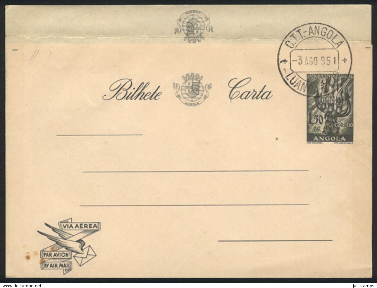 ANGOLA: 1.50Ag. Lettercard Cancelled To Order On 3/AU/1951, VF Quality! - Angola