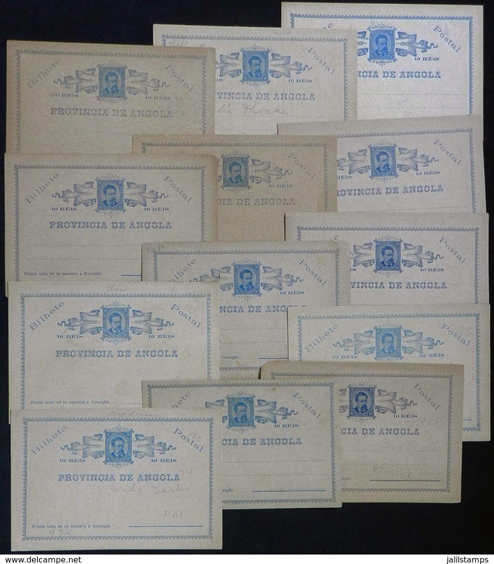 ANGOLA: 13 Postal Cards Of 10Rs. Of 1885, Unused, With Some Varieties In Impression, Color And Paper, VF General Quality - Angola