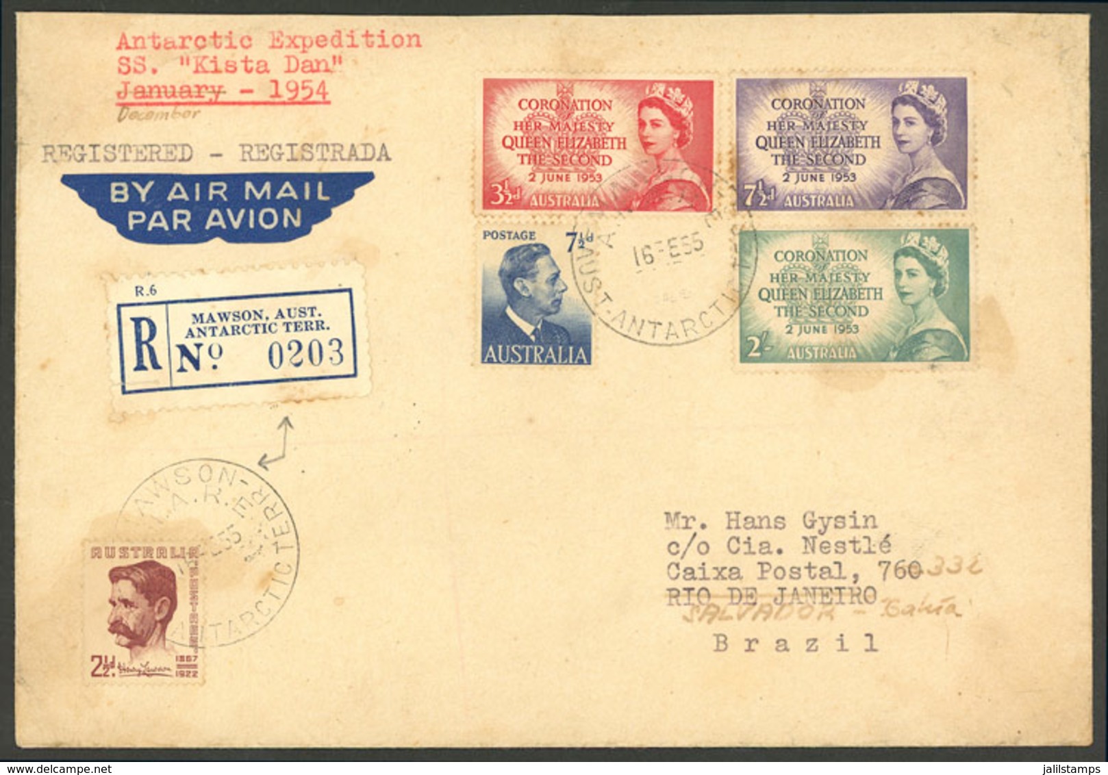 AUSTRALIAN ANTARCTIC TERRITORY: 16/FE/1955 MAWSON - Rio De Janeiro (Brazil): Registered Cover, "Antarctic Expedition SS. - Lettres & Documents