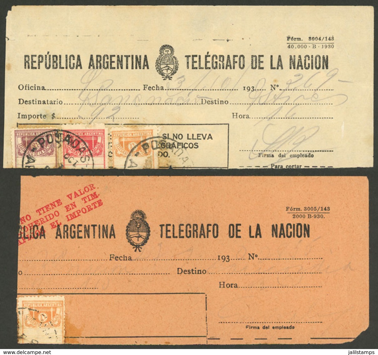 ARGENTINA: 2 Receipts For Telegraphs Sent In 1930, Both Franked With Telegraph Stamps, Rare! - Vorphilatelie