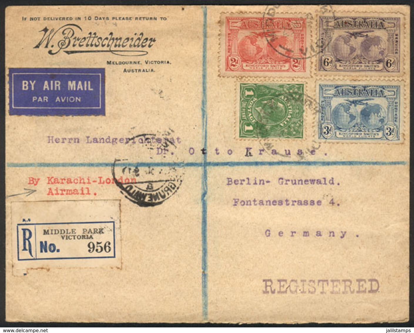 AUSTRALIA: 24/MAR/1931: Registered Airmail Cover Sent From Melbourne To Berlin "via KARACHI-LONDON", With Several Postal - Briefe U. Dokumente