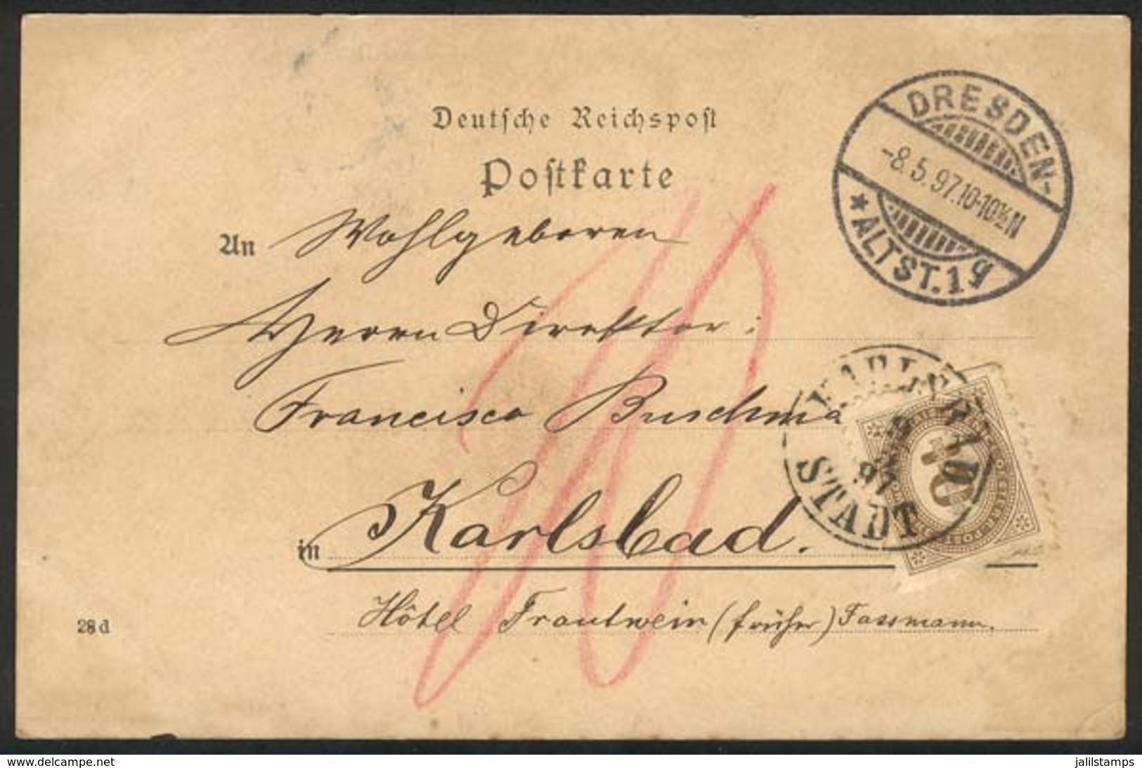 AUSTRIA: Postcard Sent From Dresden (Germany) To Karlsbad On 8/MAY/1897, STAMPLESS, With Postage Due Stamp Of 10Kr. Appl - Lettres & Documents