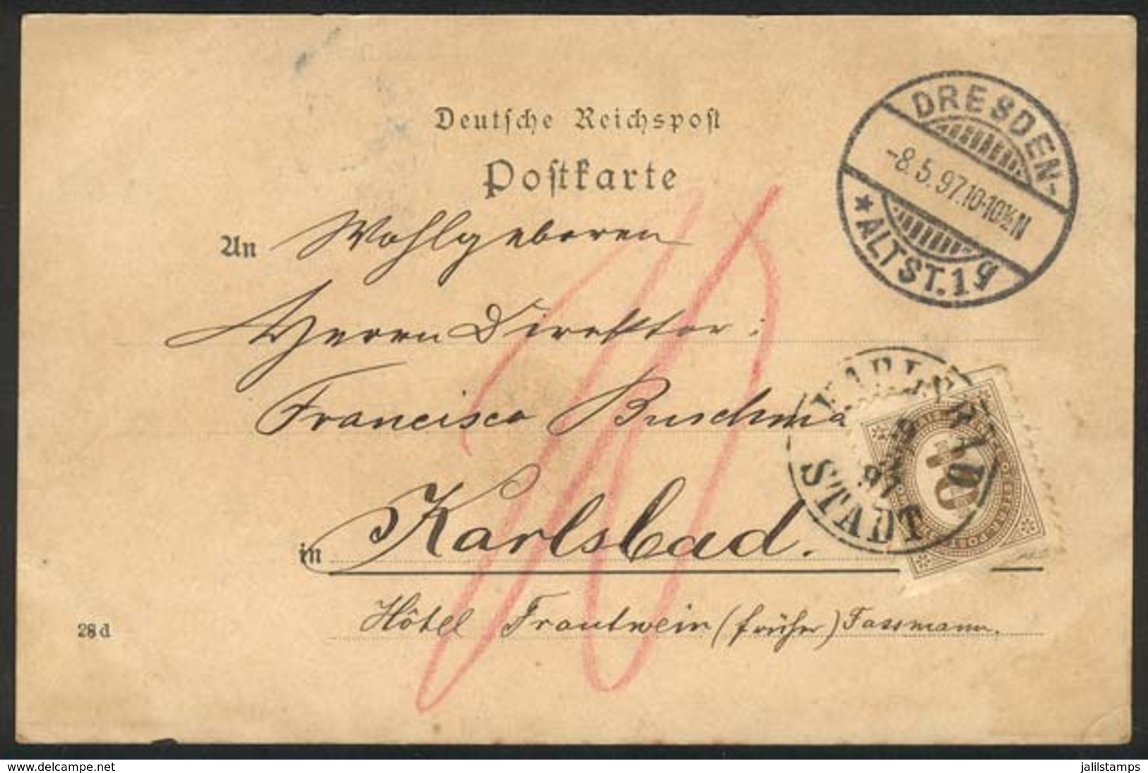 AUSTRIA: Postcard Sent From Dresden (Germany) To Karlsbad On 8/MAY/1897, STAMPLESS, With Postage Due Stamp Of 10Kr. Appl - Storia Postale