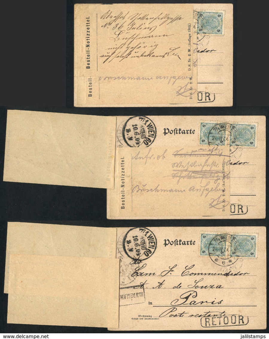 AUSTRIA: Postcard Sent From Wien To Paris On 26/AP/1904 And Returned To Sender, With Interesting Postal Marks And 2 Labe - Storia Postale