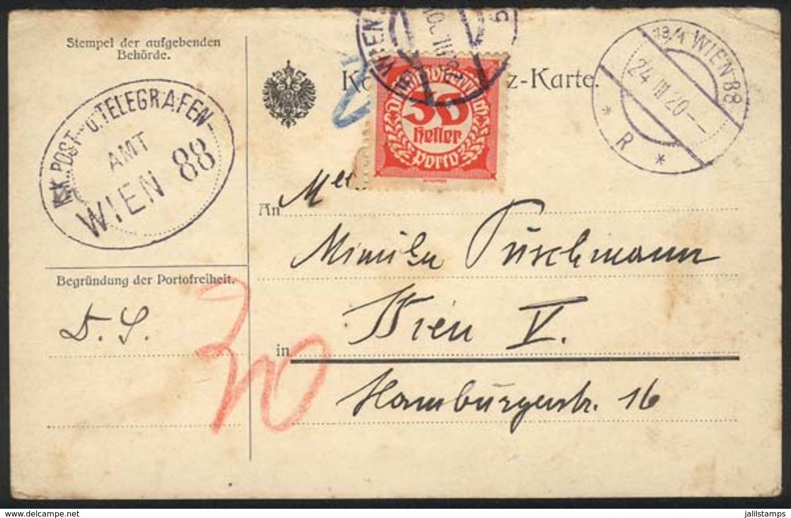 AUSTRIA: Card Used In Wien On 24/MAR/1920, With Postage Due Stamp Of 30h., VF Quality! - Briefe U. Dokumente