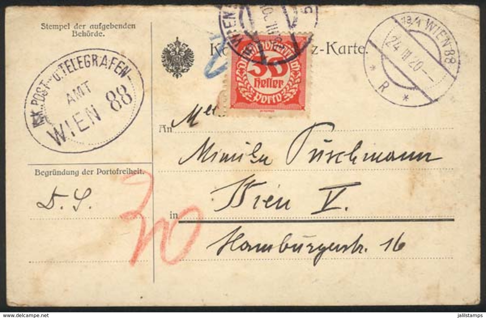 AUSTRIA: Card Used In Wien On 24/MAR/1920, With Postage Due Stamp Of 30h., VF Quality! - Storia Postale