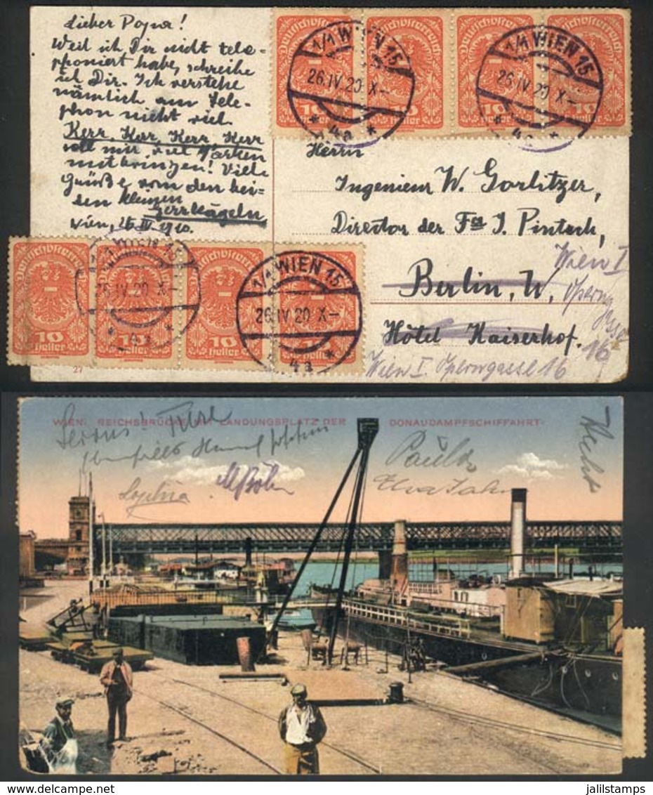 AUSTRIA: Postcard (docks By The Danube) Franked With 8 Stamps Of 10h. And Sent From Wien To Berlin On 26/AP/1920 And For - Lettres & Documents