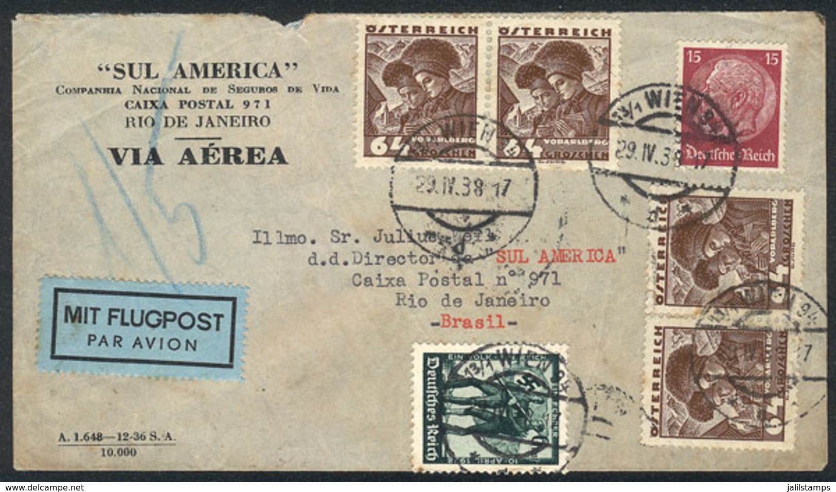 AUSTRIA: Airmail Cover Sent From Wien To Brazil On 29/AP/1938 With Mixed German-Austrian Postage, Fine Quality! - Lettres & Documents