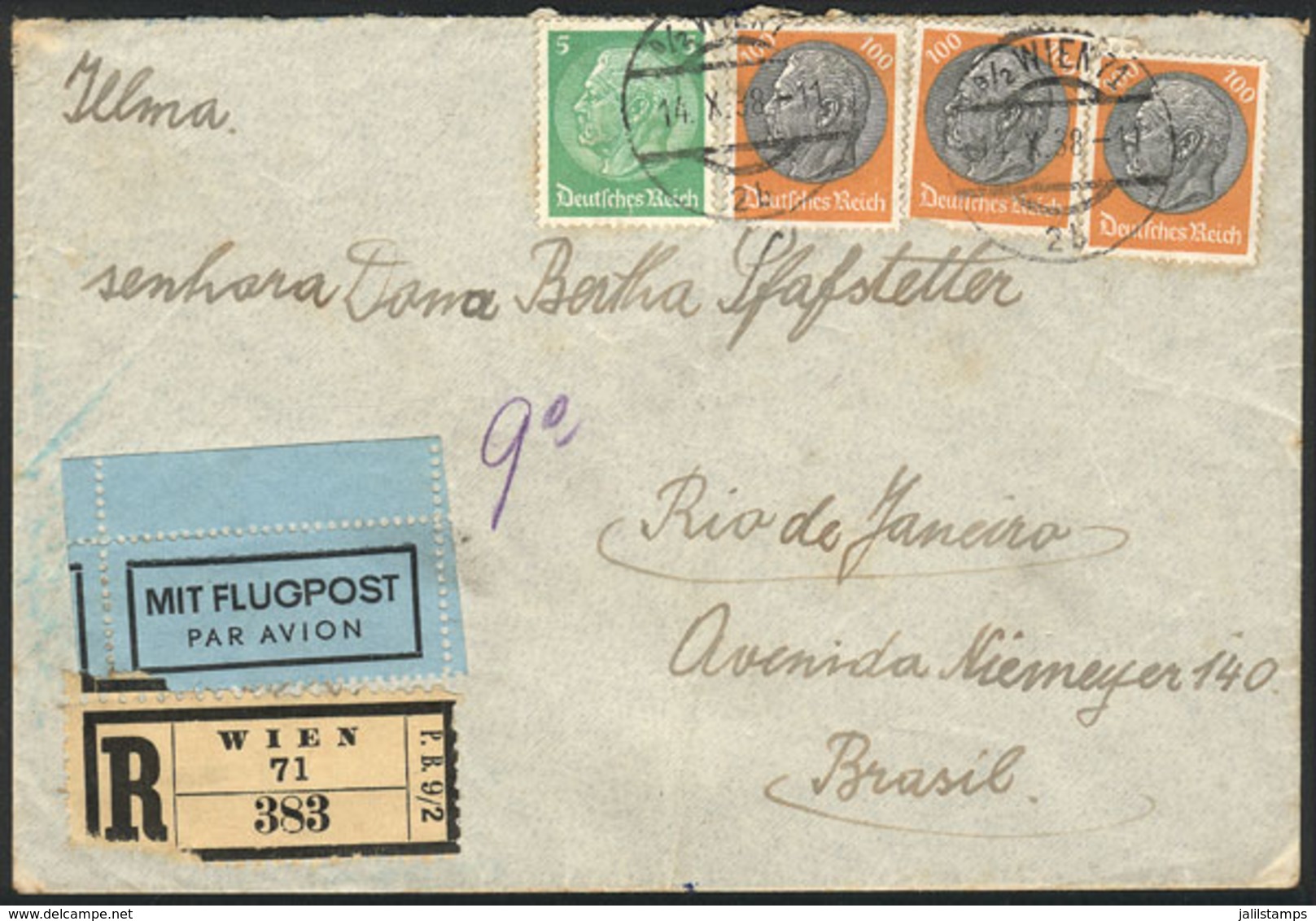 AUSTRIA: Registered Airmail Cover Sent From Wien To Rio De Janeiro On 14/OC/1938, Franked With German Stamps (total Post - Lettres & Documents