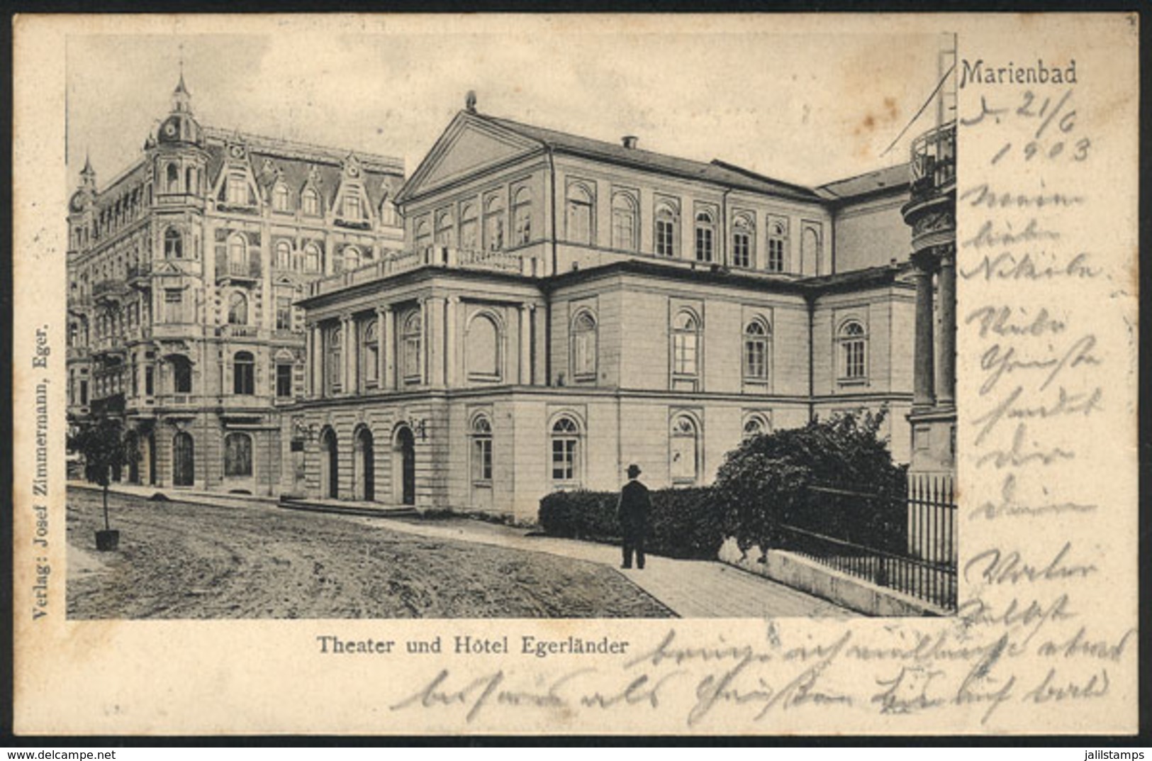 AUSTRIA: MARIENBAD: Theater And Hotel Egerländer, Ed. J.Zimmermann, Sent To Wien In 1903, Minor Defect, Good Appearance! - Altri & Non Classificati