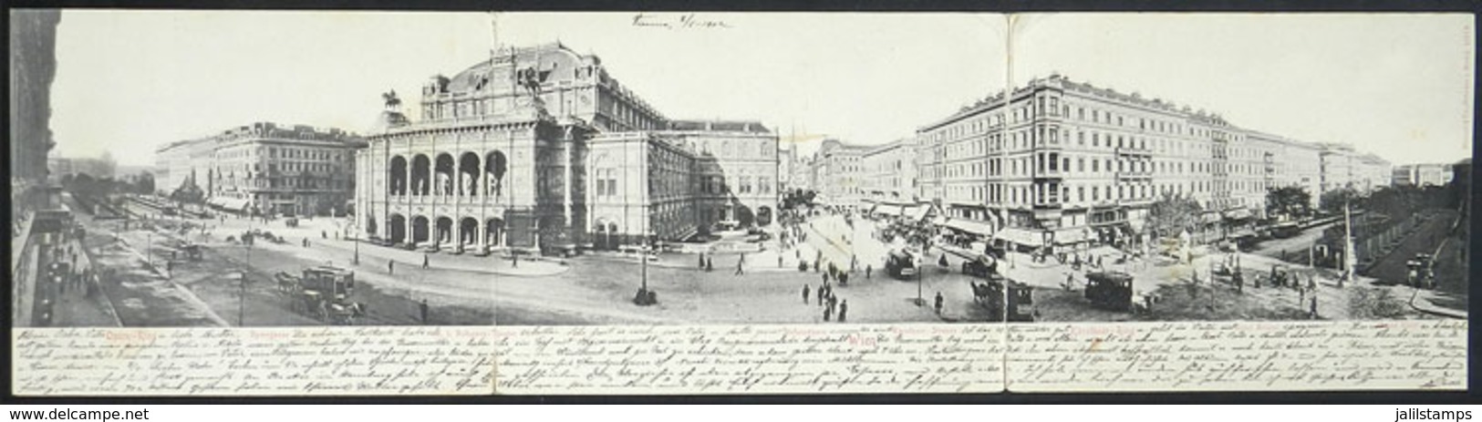 AUSTRIA: WIEN: Fantastic TRIPLE Postcard With Very Good View Of Opernring, Theater And Hotel Bristol, Dated 1902, Reinfo - Sonstige & Ohne Zuordnung