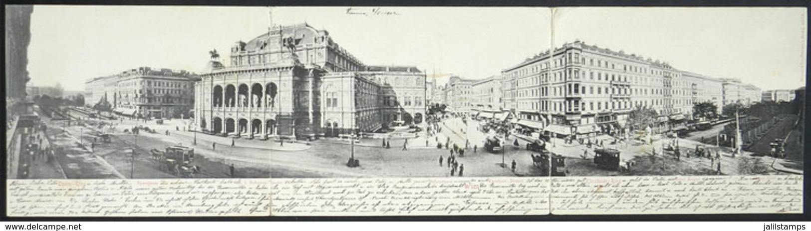 AUSTRIA: WIEN: Fantastic TRIPLE Postcard With Very Good View Of Opernring, Theater And Hotel Bristol, Dated 1902, Reinfo - Altri & Non Classificati