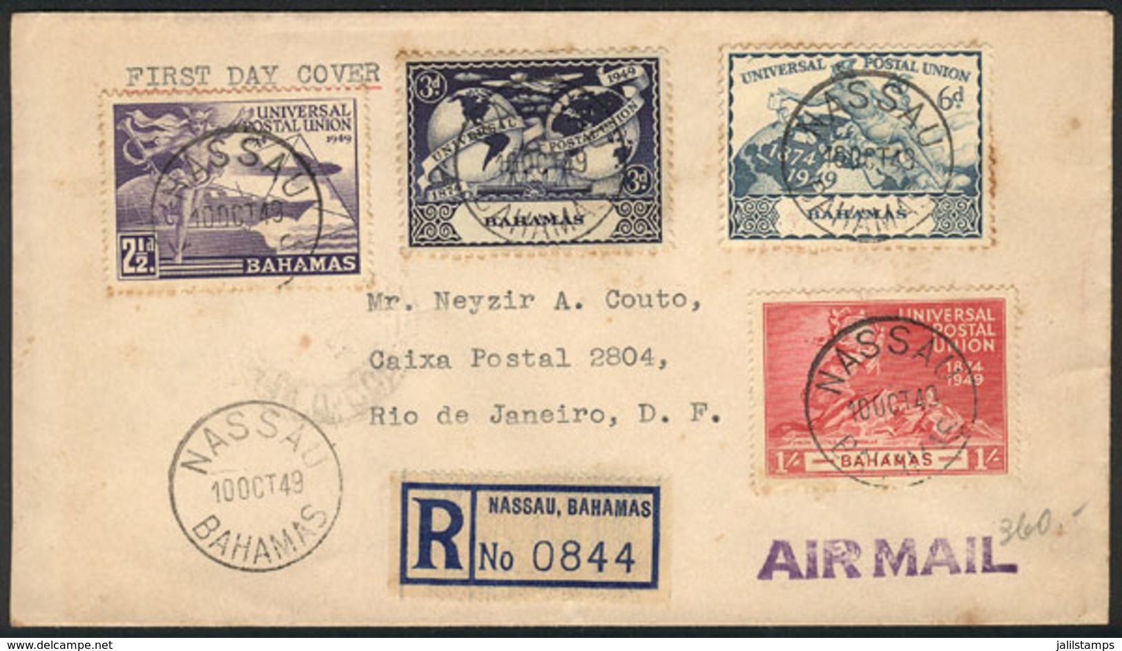 BAHAMAS: Registered Cover Sent From Nassau To Rio De Janeiro On 10/OC/1949, Franked With The Set Of UPU 75 Years, Very N - Autres & Non Classés