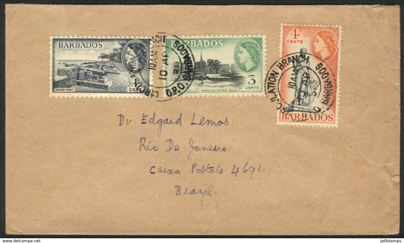 BARBADOS: Cover Sent To Brazil On 10/AP/1950 Franked With 8c., Very Nice, Unusual Destination! - Barbades (...-1966)