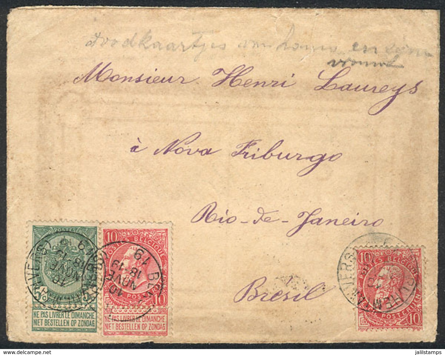 BELGIUM: Cover Sent From Beruhem To Brazil On 10/NO/1903, Franked With 25c. Combining 2 Stamps Of 10c. From DIFFERENT IS - Altri & Non Classificati