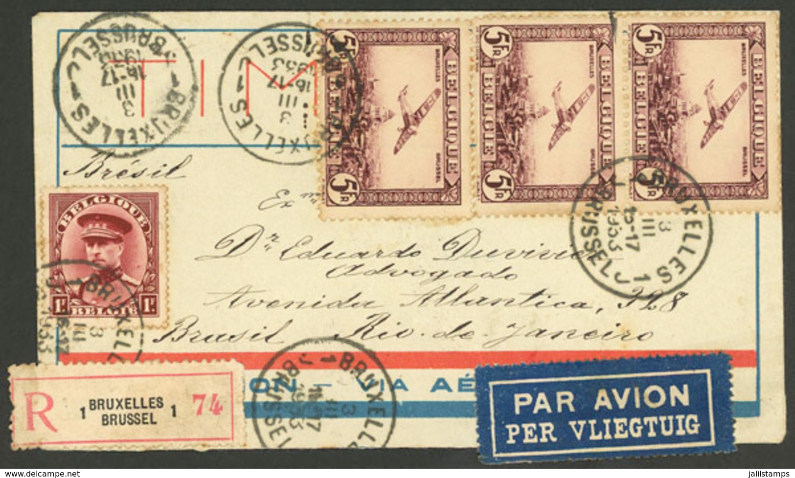 BELGIUM: Registered Airmail Cover Sent From Bruxelles To Rio De Janeiro On 3/MAR/1933 With Nice Postage For 16Fr., VF Qu - Autres & Non Classés