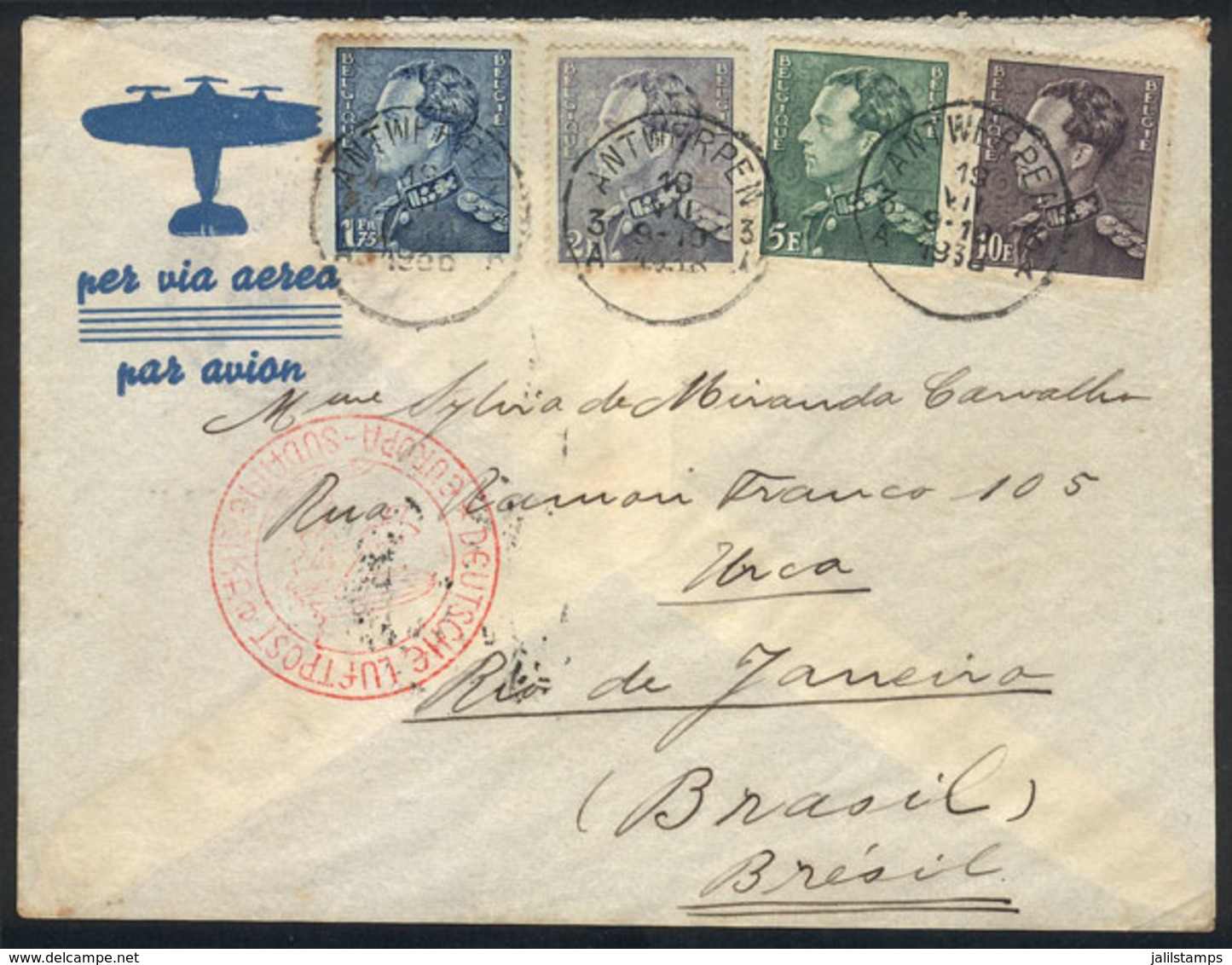 BELGIUM: Airmail Cover Sent From Antwerpen To Rio De Janeiro On 19/JUL/1938 Via Germany (DLH) With Nice Multicolor Posta - Autres & Non Classés