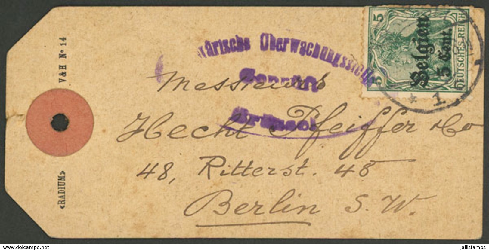 BELGIUM - GERMAN OCCUPATION: Label Of A Parcel Post Sent To Berlin, Franked With 5c. Stamp, VF Quality! - Guerre 40-45 (Lettres & Documents)