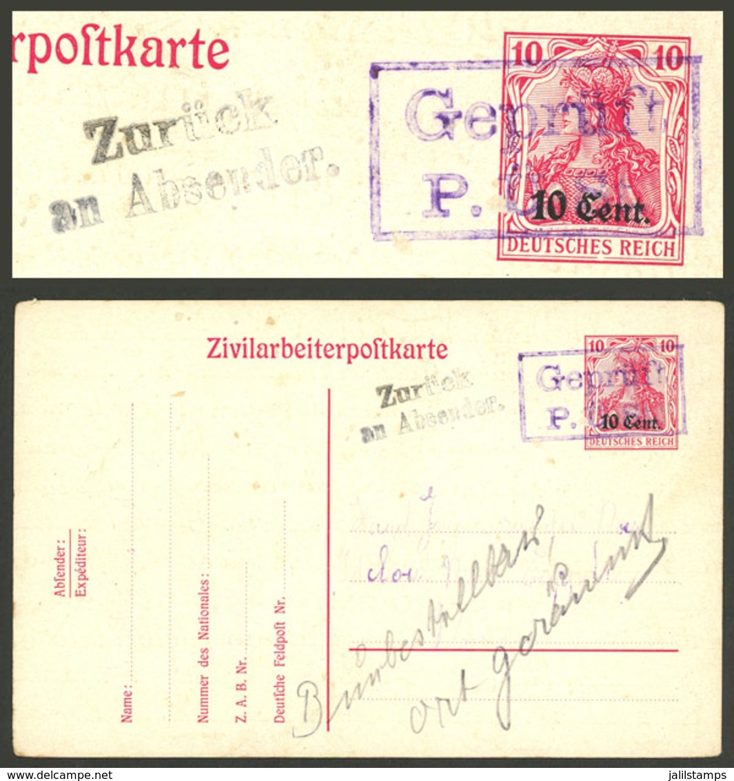 BELGIUM - GERMAN OCCUPATION: German Surcharged 10c. Postal Card Used With Interesting Postal Marks! - Guerra '40-'45 (Storia Postale)