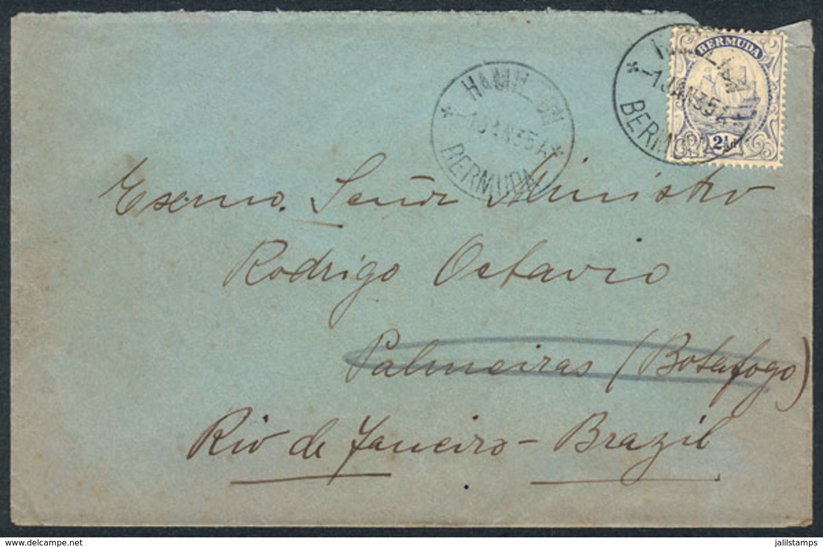 BERMUDA: Cover Franked With 2½p. And Sent From Hamilton To Rio De Janeiro On 1/JA/1953, Minor Defect, Unusual Destinatio - Bermudes