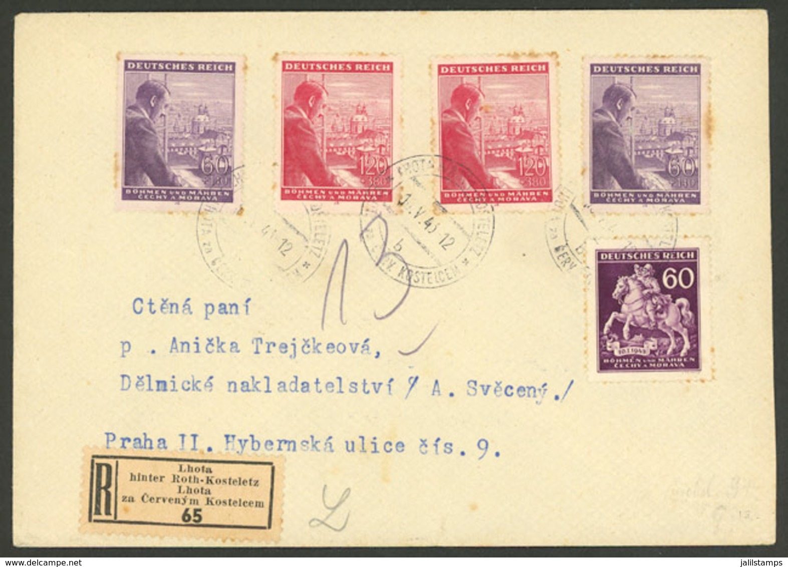 BOHEMIA AND MORAVIA: 10/AP/1943 Lhota - Praha: Registered Cover With Nice Postage Of German Occupation, With Some Staini - Other & Unclassified