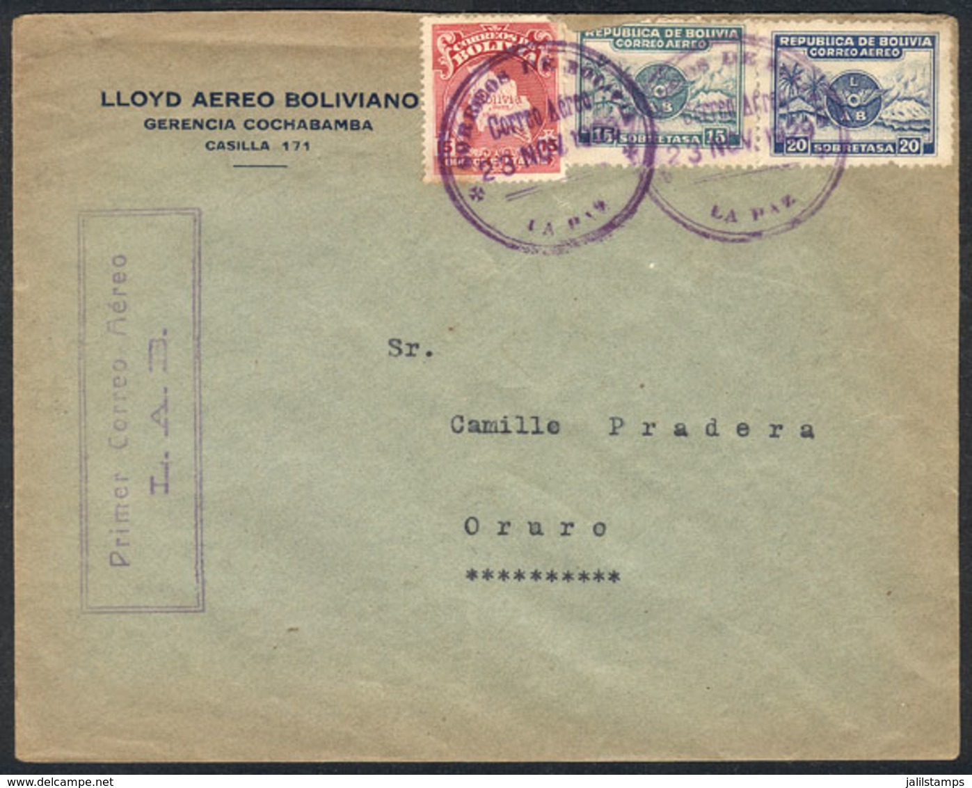 BOLIVIA: 3/NO/1929 First Airmail La Paz-Oruro Via L.A.B., Very Nice! - Bolivia