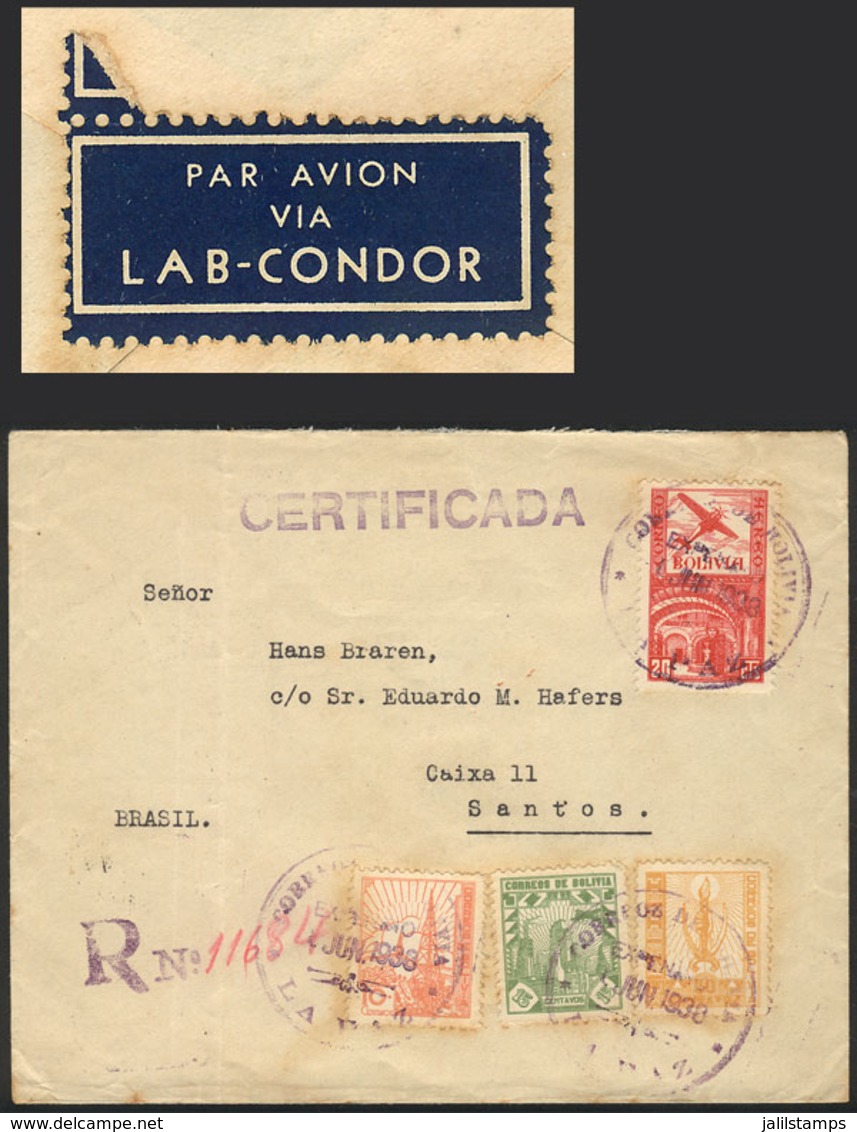 BOLIVIA: Registered Airmail Cover Sent From La Paz To Santos (Brazil) By LAB-CONDOR On 20/JUN/1938, With Interesting Air - Bolivie