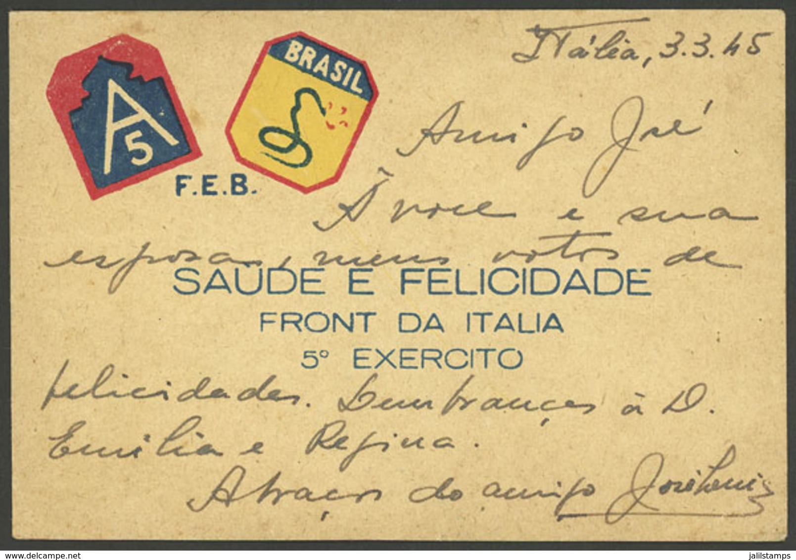 BRAZIL: Greeting Card Of F.E.B. (Força Expedicionaria Brasileira), 5th Army, Italian Front, VF Quality! - Autres & Non Classés