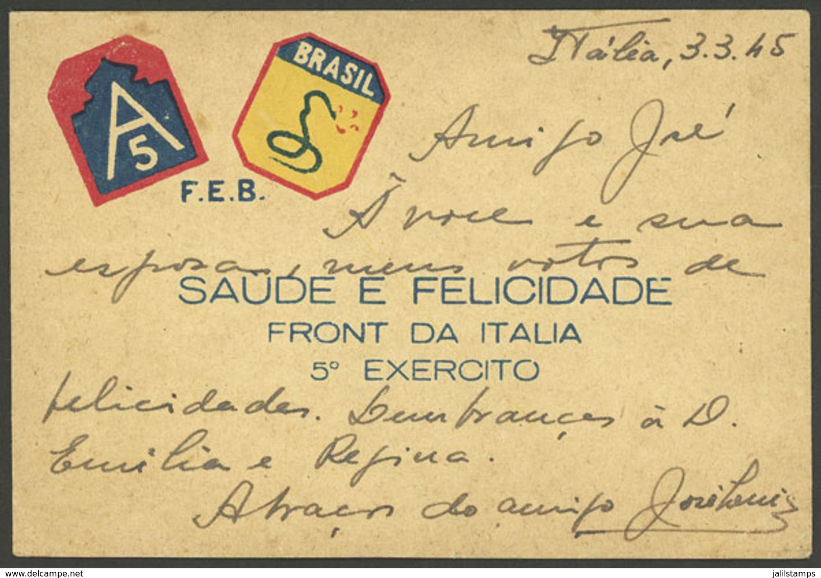 BRAZIL: Greeting Card Of F.E.B. (Força Expedicionaria Brasileira), 5th Army, Italian Front, VF Quality! - Altri & Non Classificati