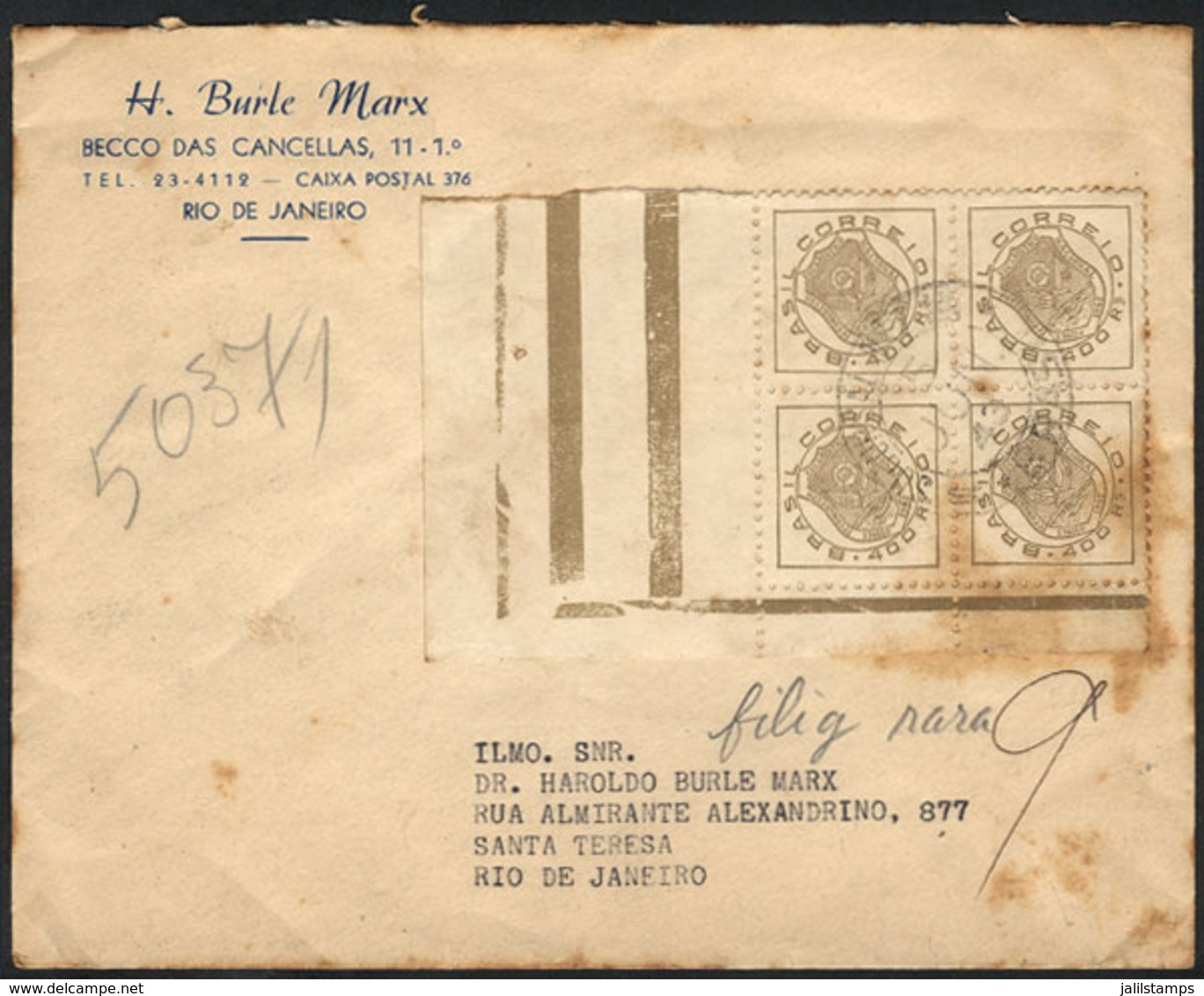 BRAZIL: Cover Franked With Corner Block Of 4 Of RHM.C-177A (variety Watermark Q, 5mm Letters, Instead Of Watermark P Wit - Lettres & Documents