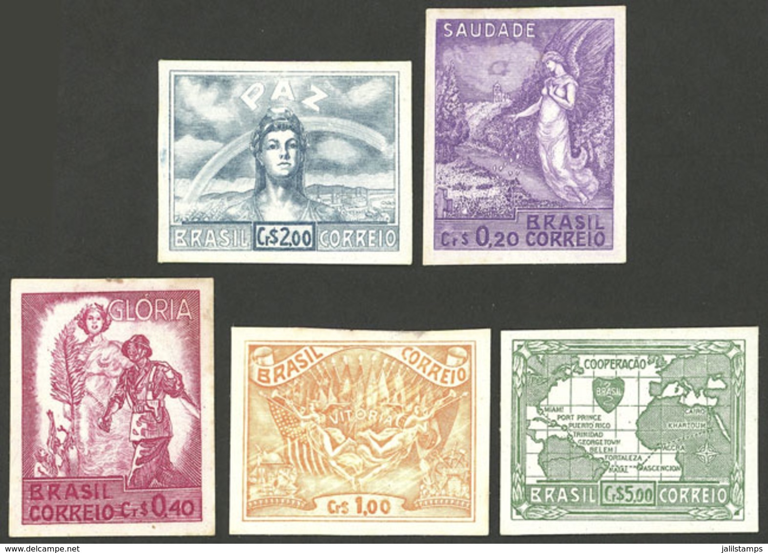 BRAZIL: RHM.C-198/202, 1945 Allied Victory, PROOFS PRINTED ON CARD Of The Cmpl. Set Of 5 Values, Interesting! - Lettres & Documents