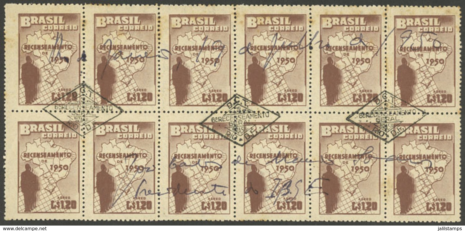 BRAZIL: Stamp Of 1950 Commemorating The NATIONAL CENSUS, Block Of 12 With Postmark Of The Census + Dedicated Signature O - Lettres & Documents