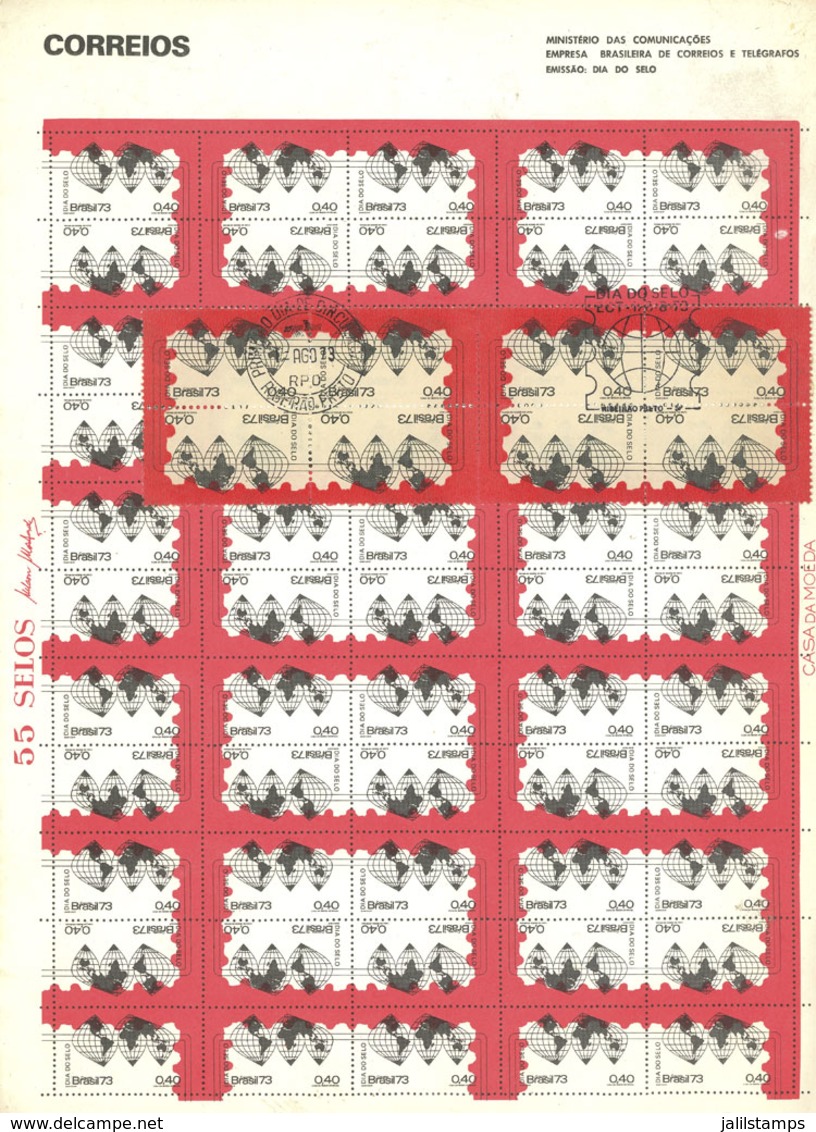 BRAZIL: RHM.C-795, 1973 Stamp Day, Pair Of 2 Blocks Of 4 On Official Brochure Of The Mail With Details Of The Issue, Wit - Lettres & Documents