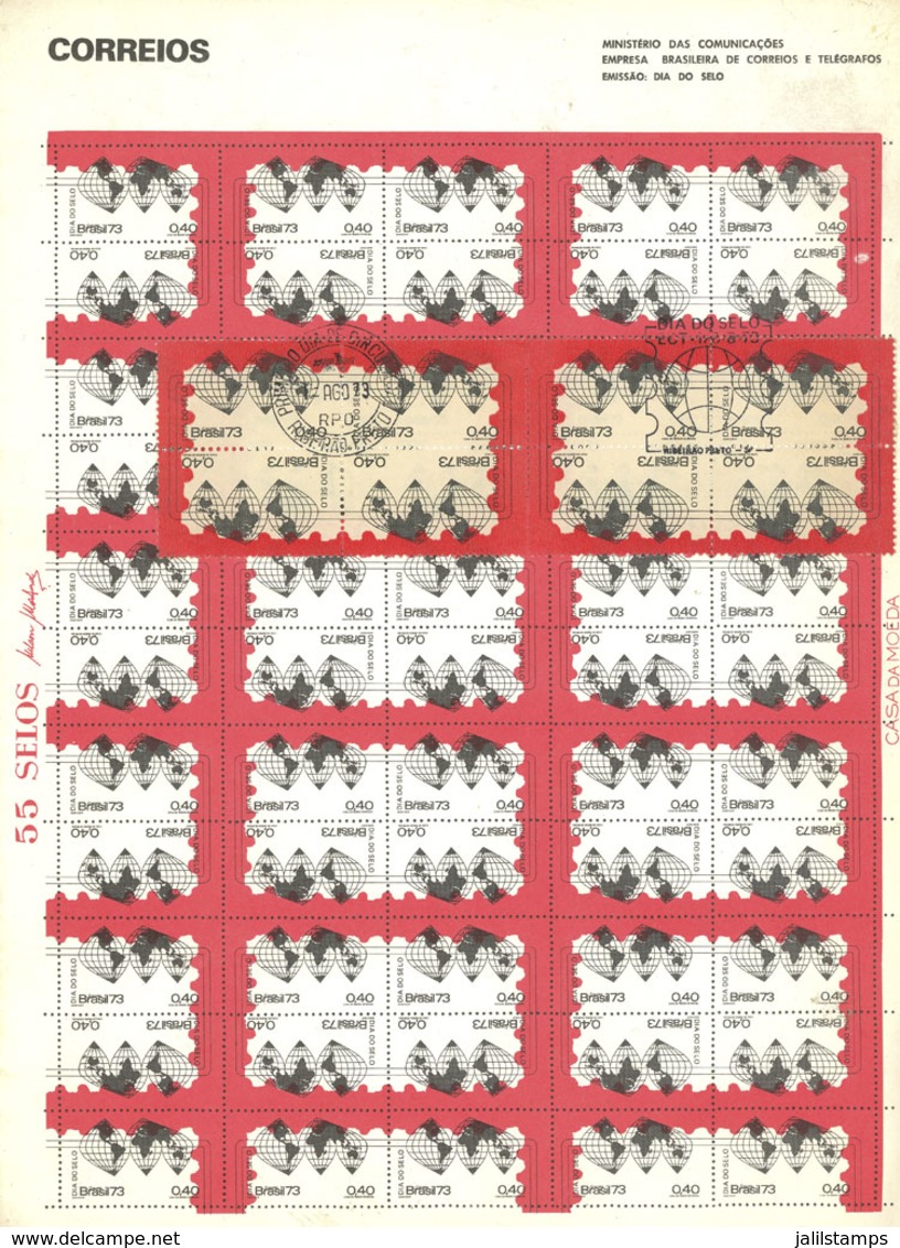 BRAZIL: RHM.C-795, 1973 Stamp Day, Pair Of 2 Blocks Of 4 On Official Brochure Of The Mail With Details Of The Issue, Wit - Storia Postale