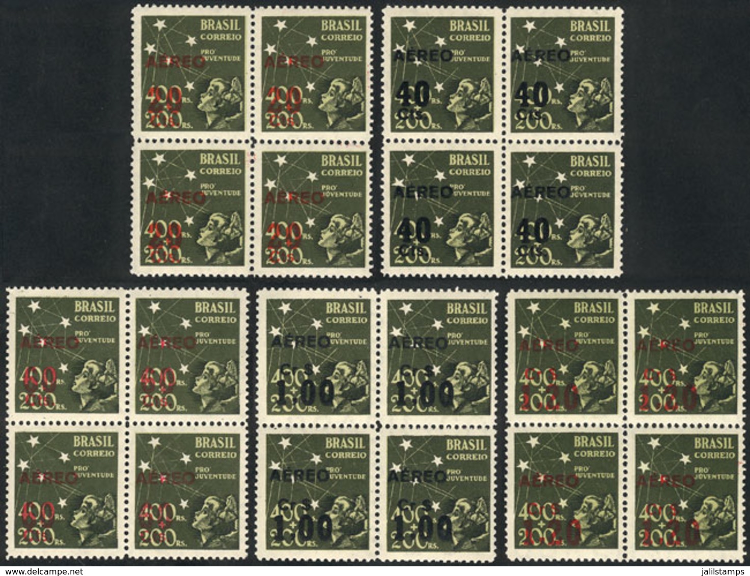 BRAZIL: Sc.C55/C59 (RHM.A-52/56), 1944 Complete Set Of 5 Overprinted Values, Unmounted Blocks Of 4, Superb, RHM Catalog  - Posta Aerea