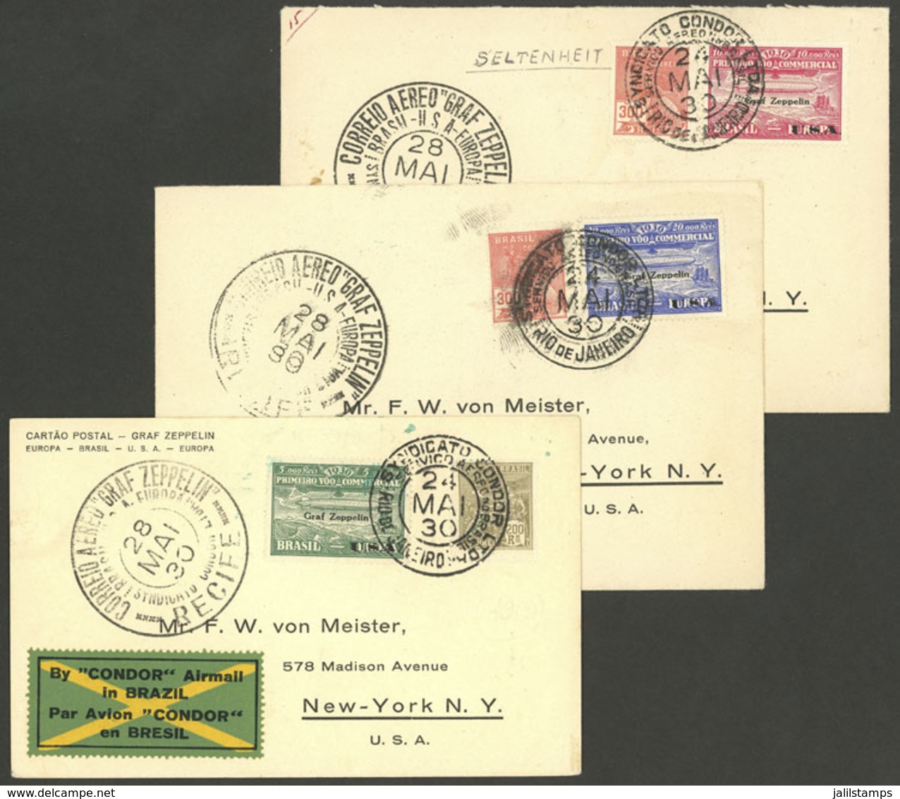 BRAZIL: Sc.4CL8/10 (RHM.Z-7/Z-9), Zeppelin Flight To USA, The Cmpl. Set Of 3 Values On Covers Or Cards Flown From Rio De - Posta Aerea